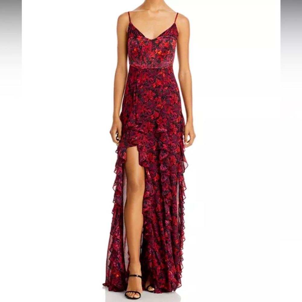 Cinq a Sept Red and Black Ruffled Tiered Maxi Gown